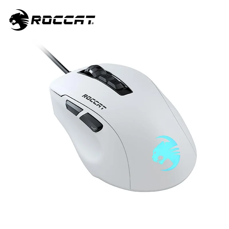 White ergonomic gaming mouse with symmetrical shape and subtle lighting zones