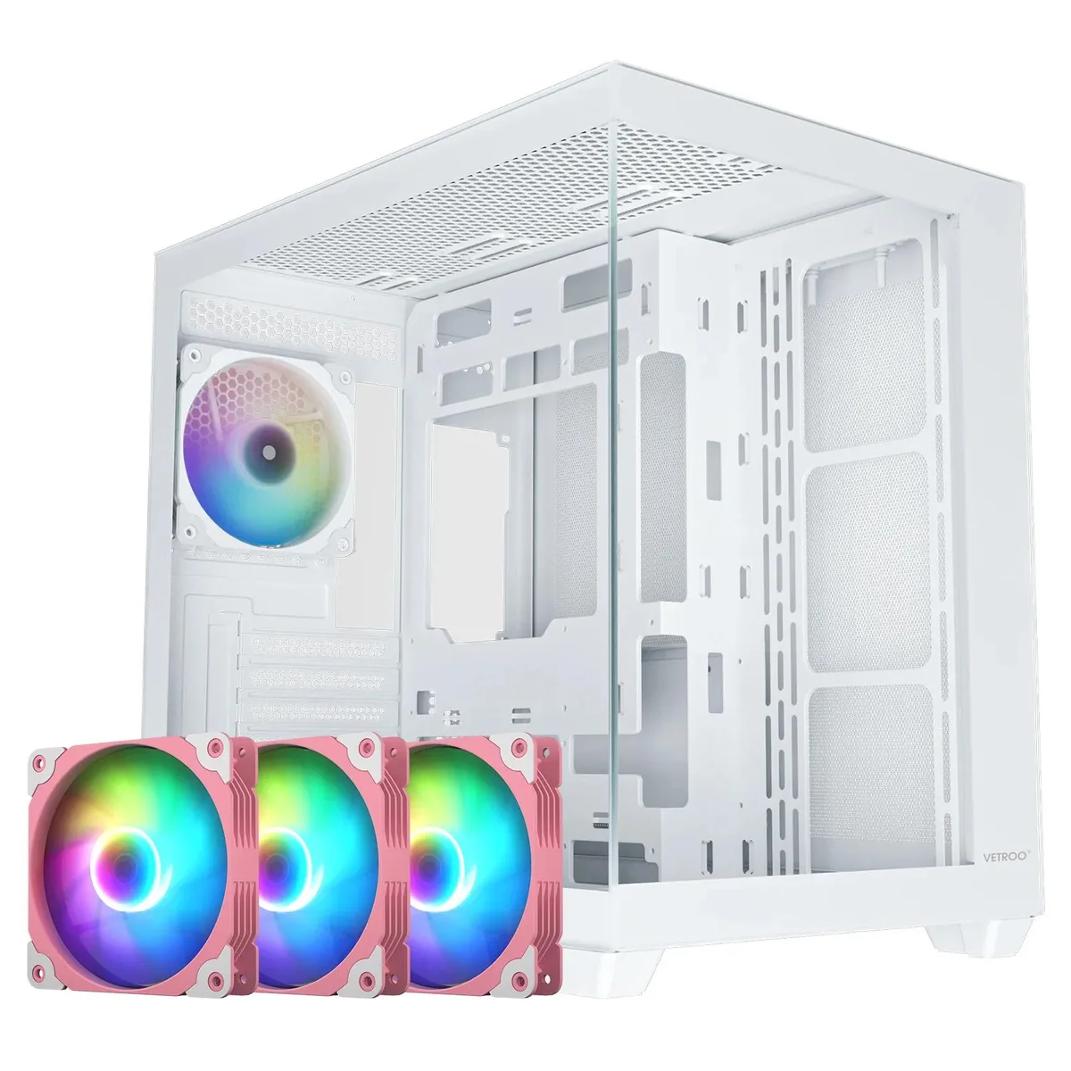 White ATX mid-tower case with 270-degree tempered glass side panel and pink ARGB fans visible inside