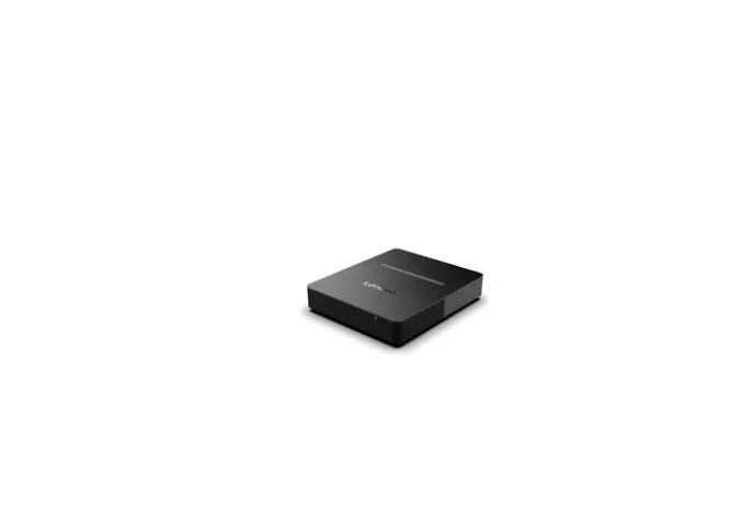 Compact rectangular desktop unit in dark matte finish, no display included