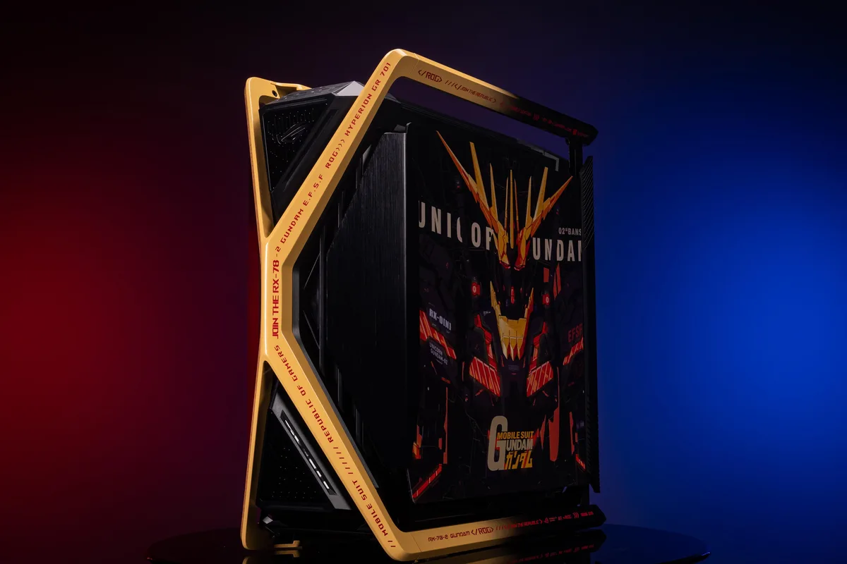 Full-tower E-ATX case in Banshee Yellow with dual tempered glass panels and four 140 mm fans pre-installed