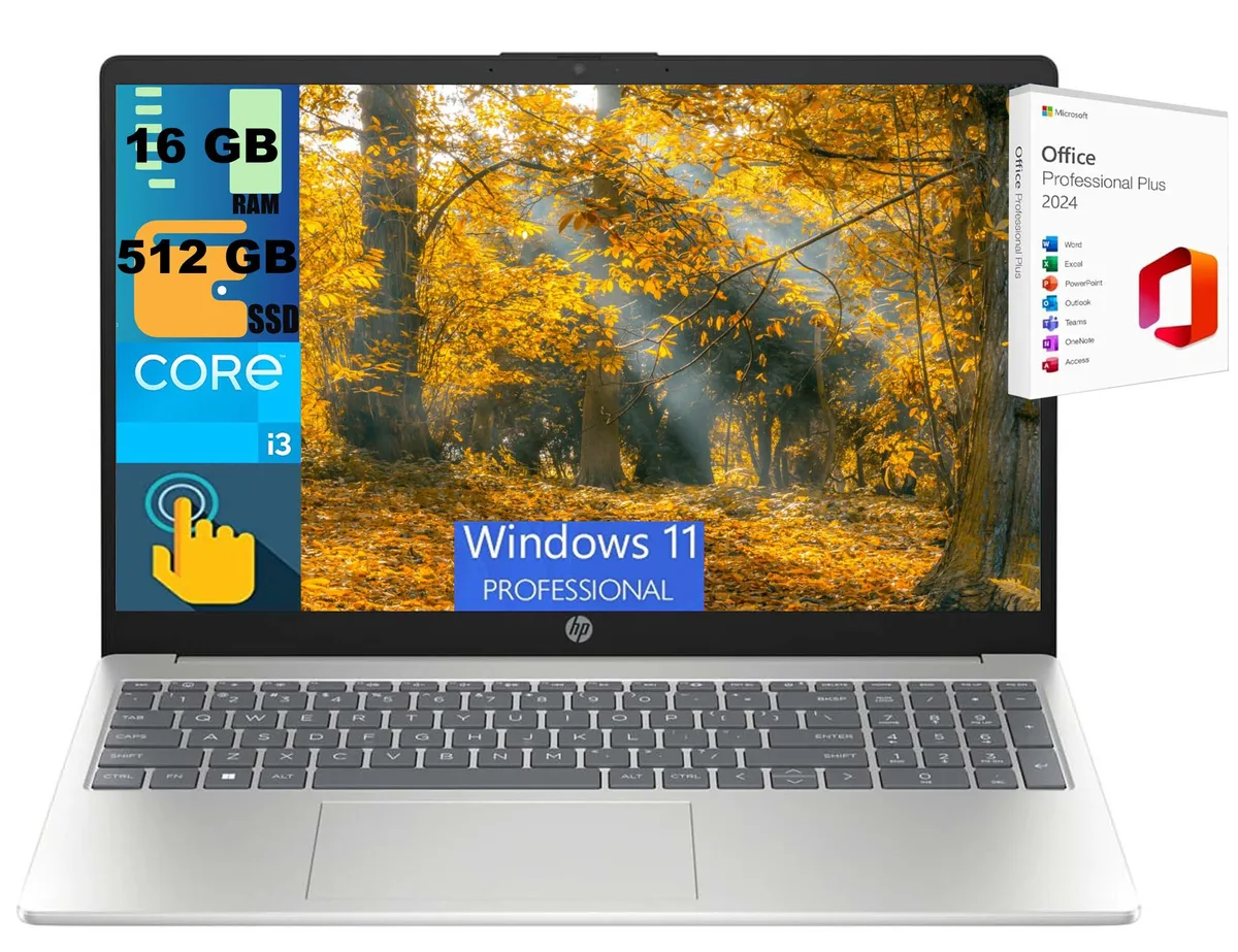 HP HP 15 Laptop 15.6" HD Touchscreen i3-1315U 16GB 512GB DDR4 Wi-Fi 6E Windows 11 Pro — photo du produit