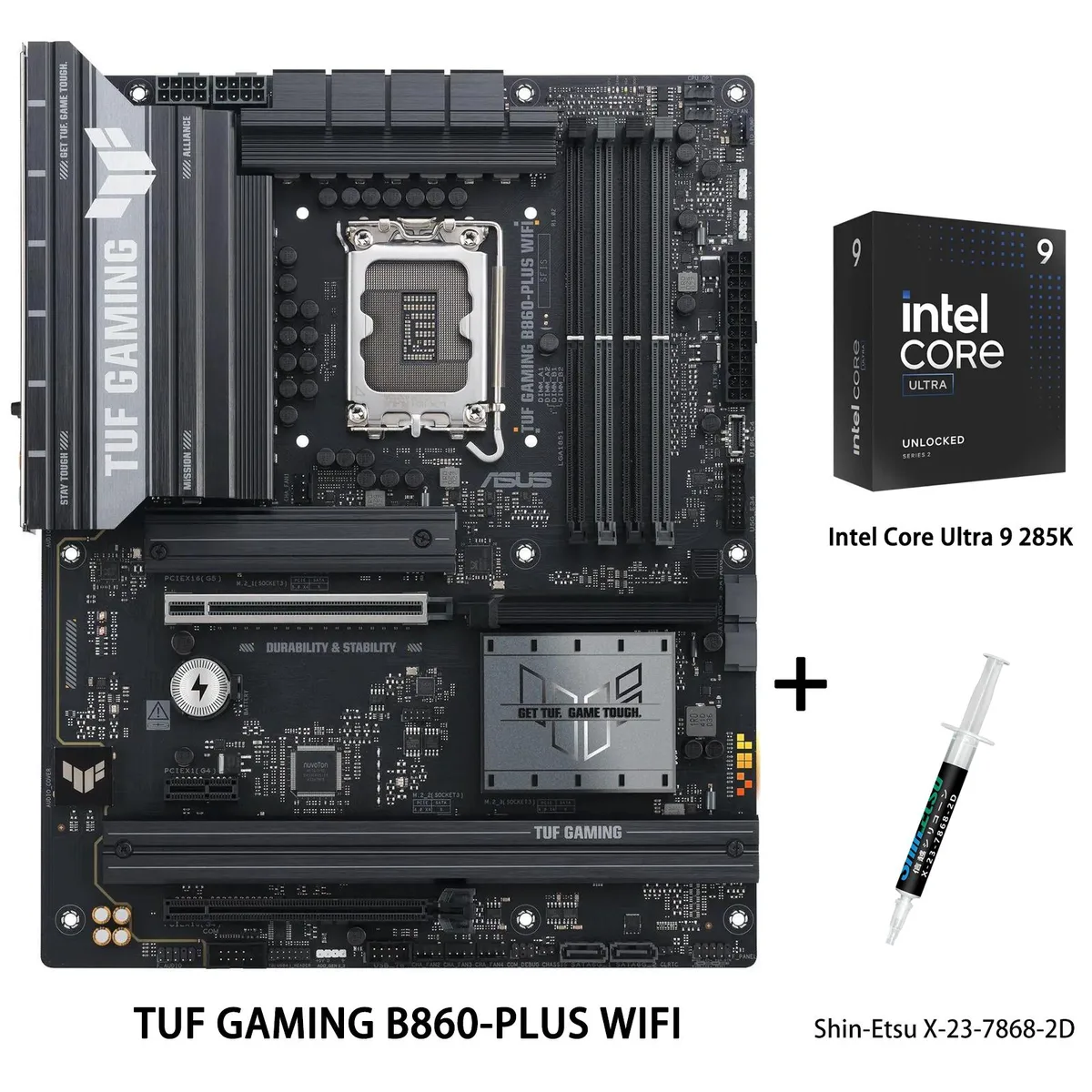 ASUS TUF Gaming B860-PLUS WIFI ATX motherboard with Intel Ultra 9 285K CPU and thermal grease tube
