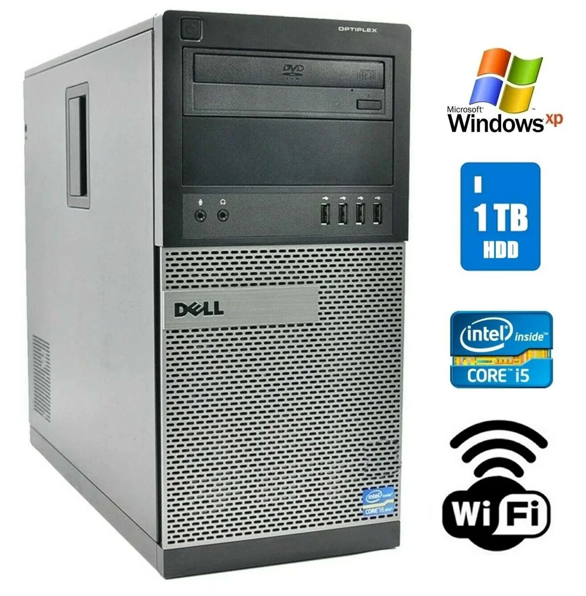 Black and silver mini tower desktop tower with DVD drive and USB Wi-Fi adapter