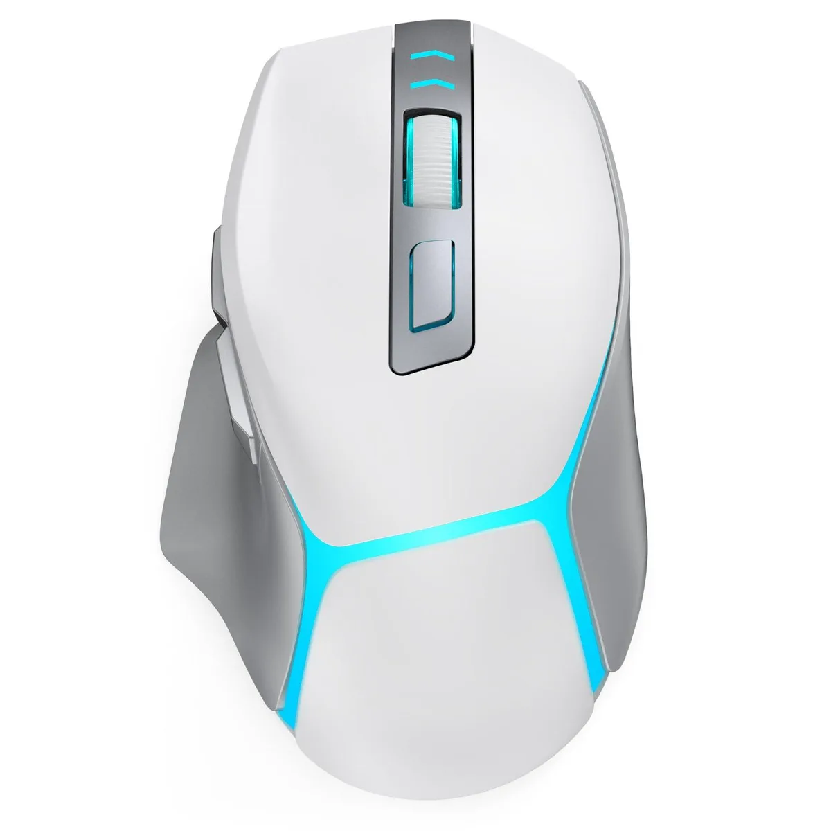 White ergonomic gaming mouse with RGB lighting, right-handed shape, USB-C port visible