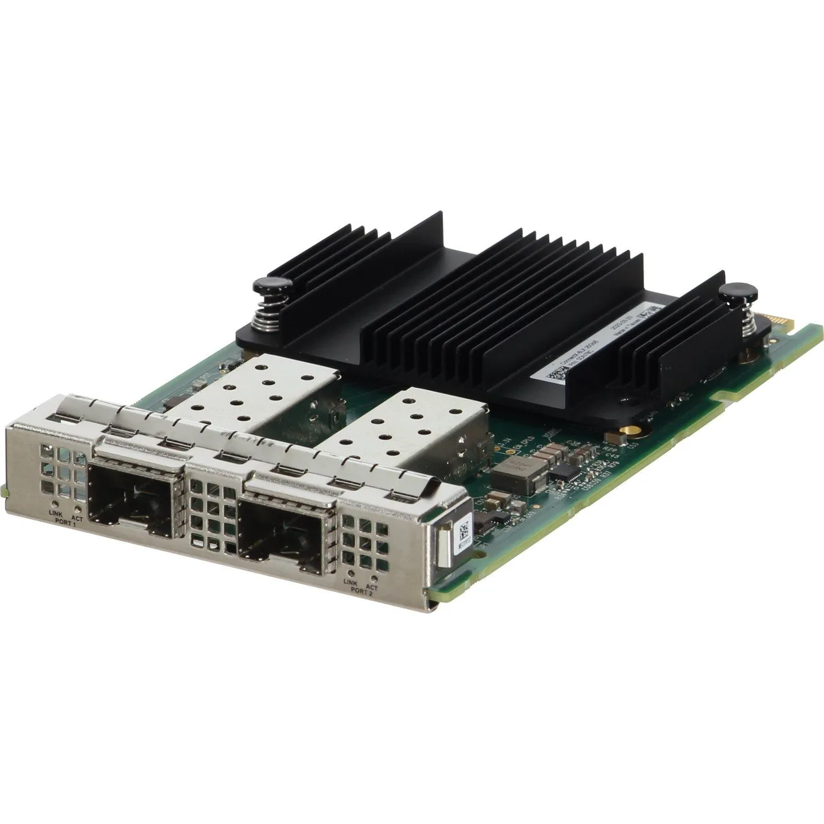Green circuit board with two SFP28 cages and gold edge connector