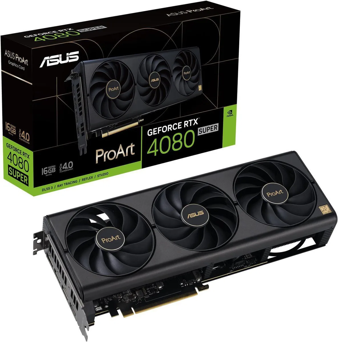 ASUS ProArt RTX 4080 SUPER 16GB graphics card with triple axial-tech fans in silver and black 2.5-slot cooler