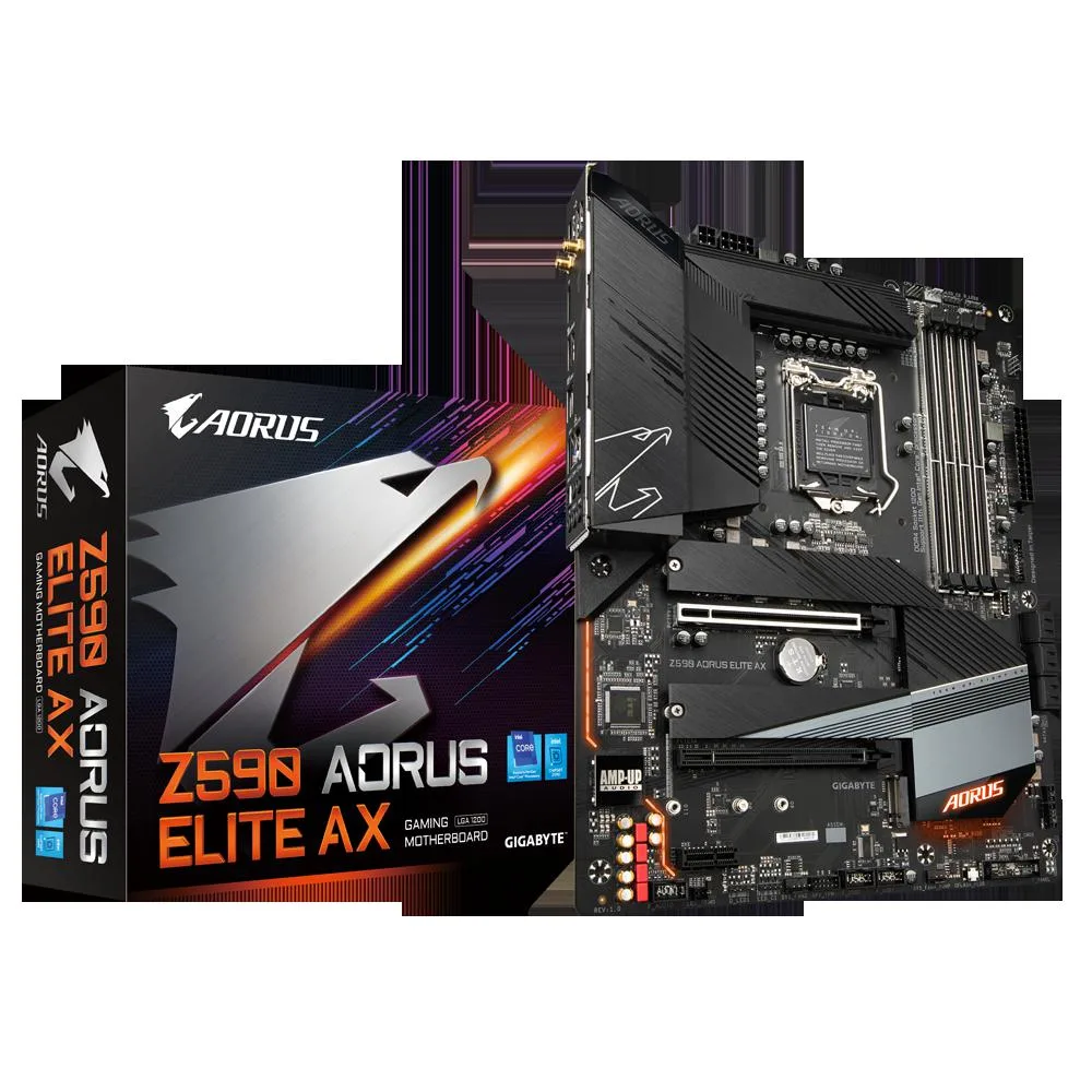 GIGABYTE Z590 AORUS ELITE AX ATX motherboard black PCB silver heatsinks LGA 1200 socket