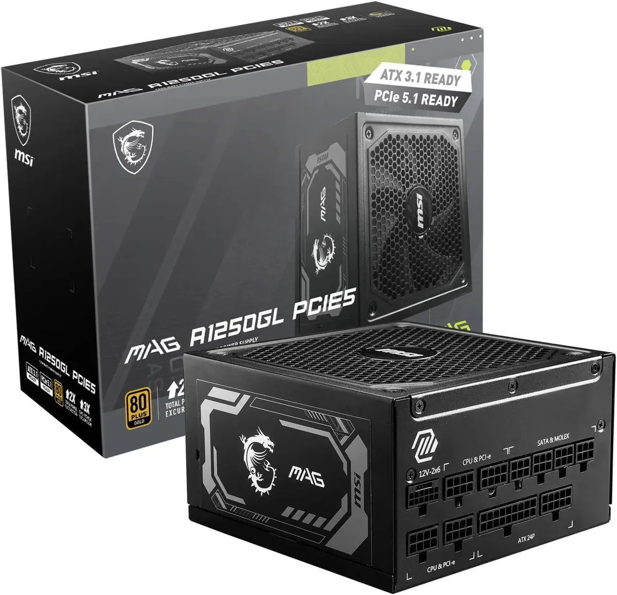 Rectangular black fully modular ATX power supply with 135 mm fan and mesh grille