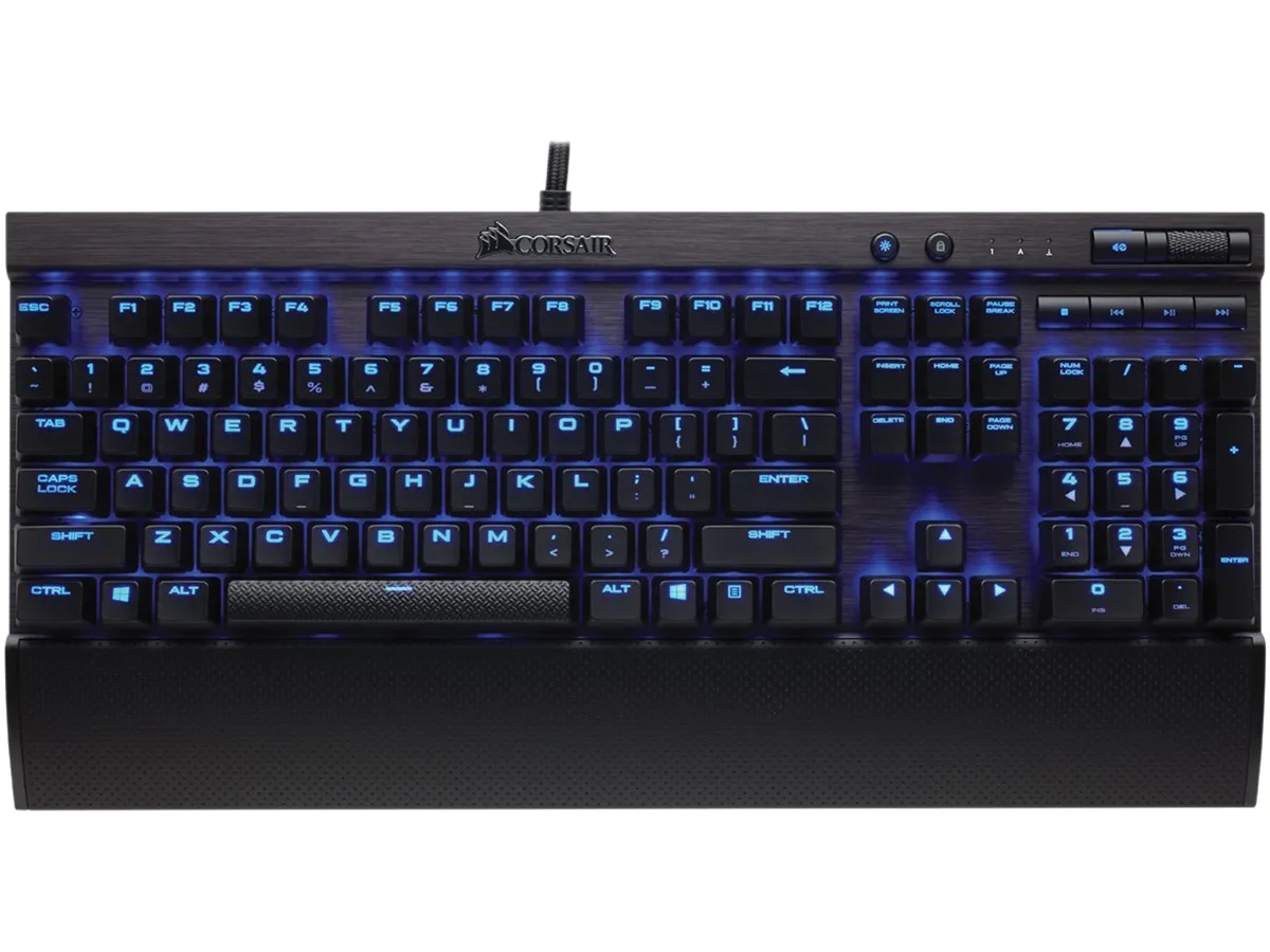 Black mechanical keyboard with brushed aluminum frame and blue LED backlighting, detachable wrist rest included