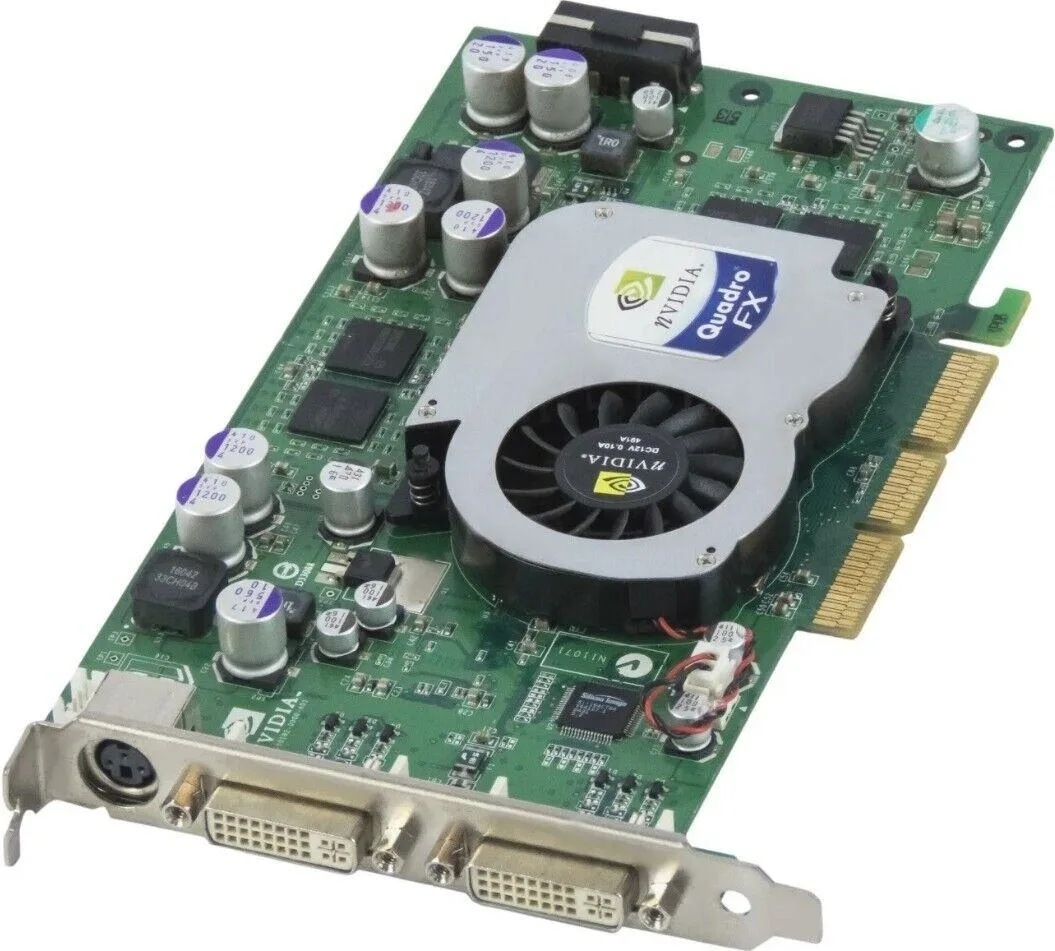 NVIDIA Quadro FX1100 graphics card with dual DVI and S-Video ports, AGP slot connector, green PCB, metal bracket