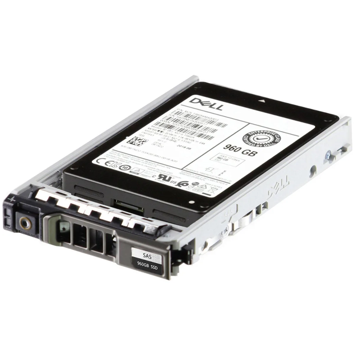 A 2.5 inch Dell enterprise SSD with a green circuit board and silver label