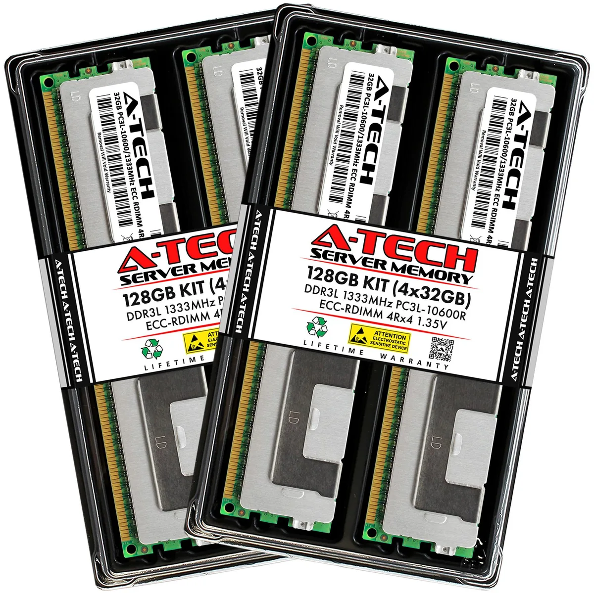 Four green 240-pin DDR3L ECC registered DIMMs with black chips, 32GB each