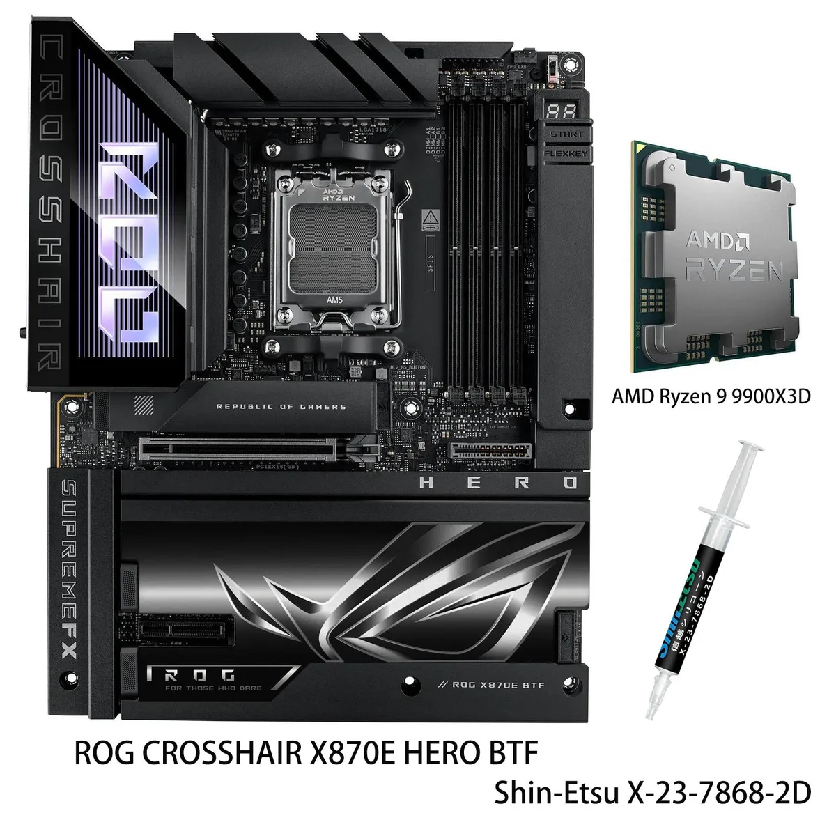 Black ATX motherboard with hidden rear connectors, silver VRM heatsinks, and a Ryzen 9 9900X3D CPU installed
