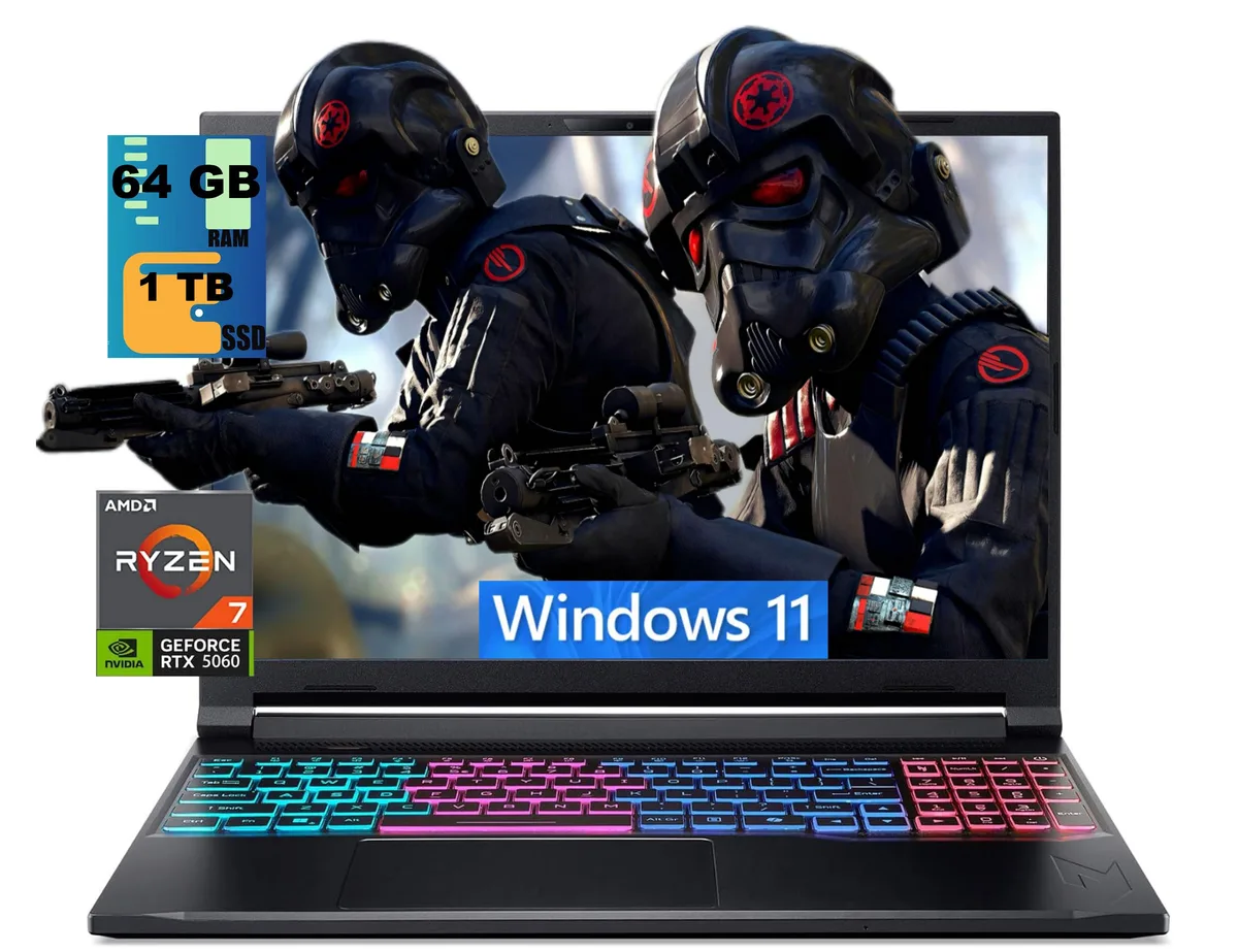Black Acer Nitro V 16S gaming laptop, 16 inch matte display, RGB keyboard, slim profile