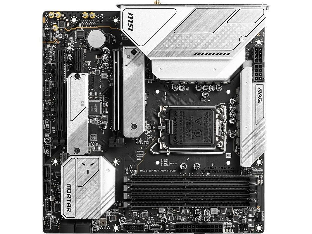 Dark green Micro ATX board with black heatsinks and silver I/O shield