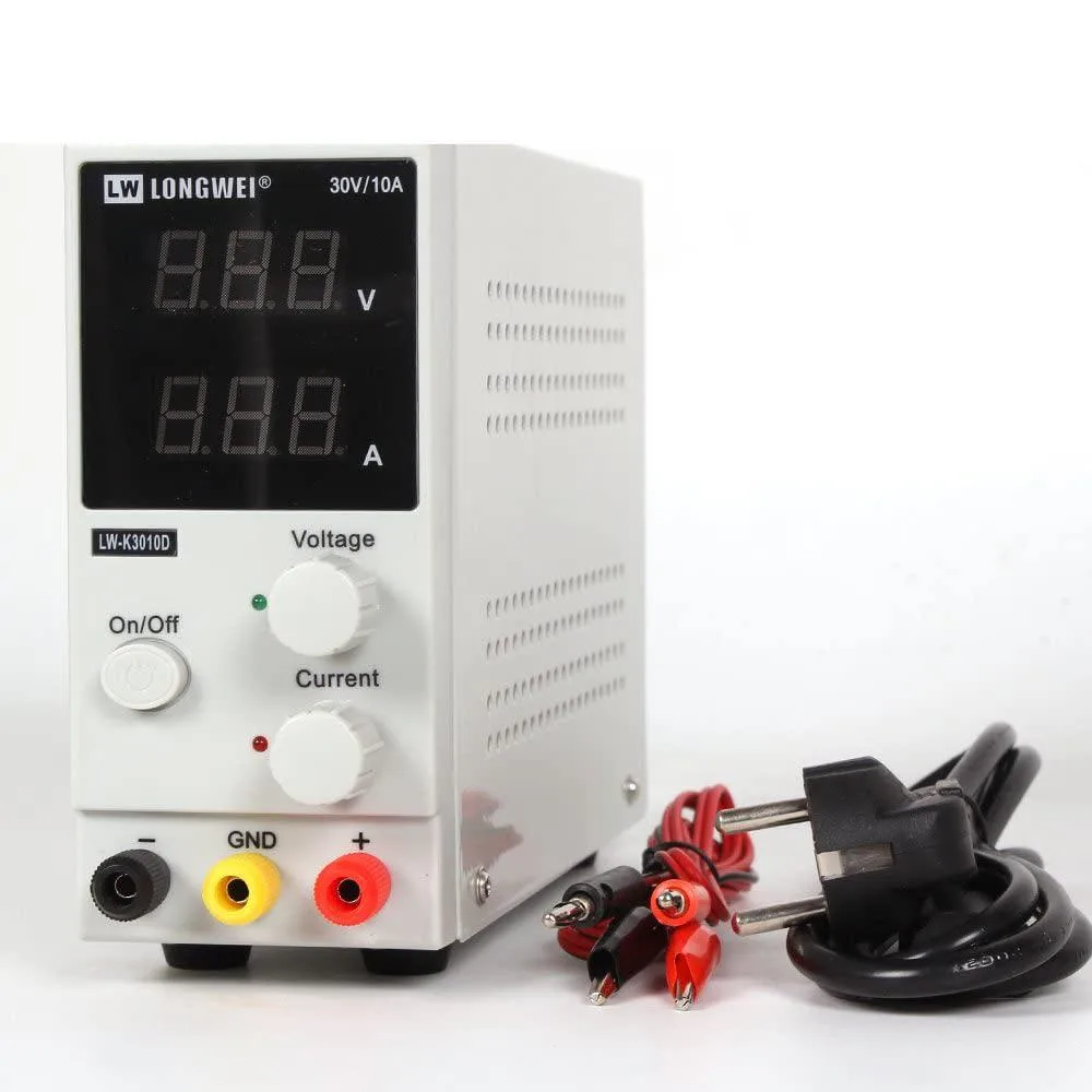 Rectangular bench power supply, grey plastic front panel, LED display, binding posts, 2.8 cm fan visible