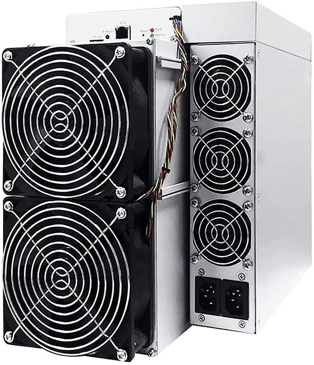 Rectangular metal mining unit with integrated power supply, matte silver finish, front intake grilles and rear exhaust vents