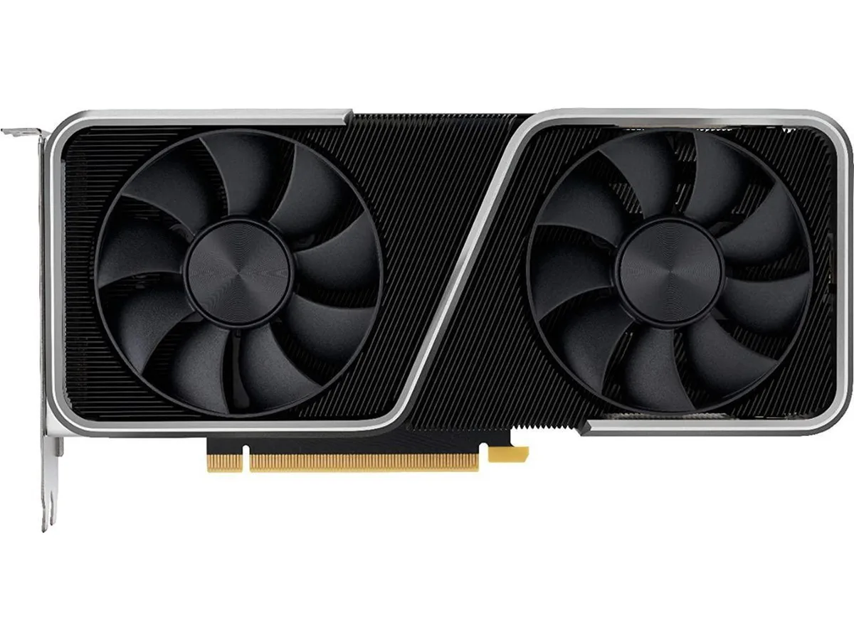 Silver dual-fan graphics card with exposed heatsink fins and PCIe bracket showing HDMI and DisplayPort connectors