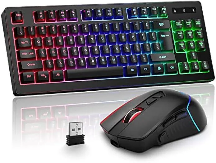 Compact 87-key wireless keyboard with mouse, dark matte finish, RGB backlighting visible