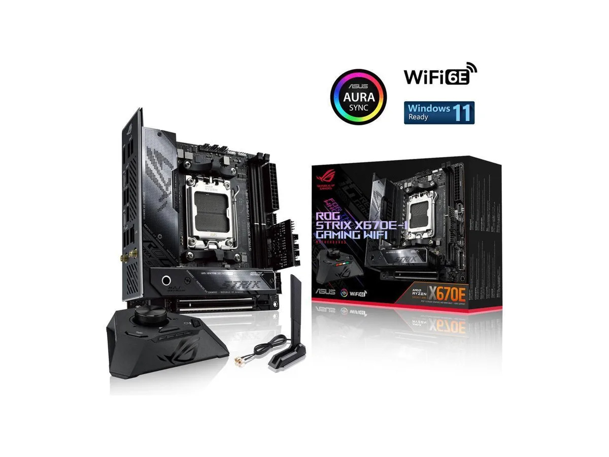 Compact mini-ITX motherboard with black VRM heatsink, silver M.2 cover and rear I/O shield visible