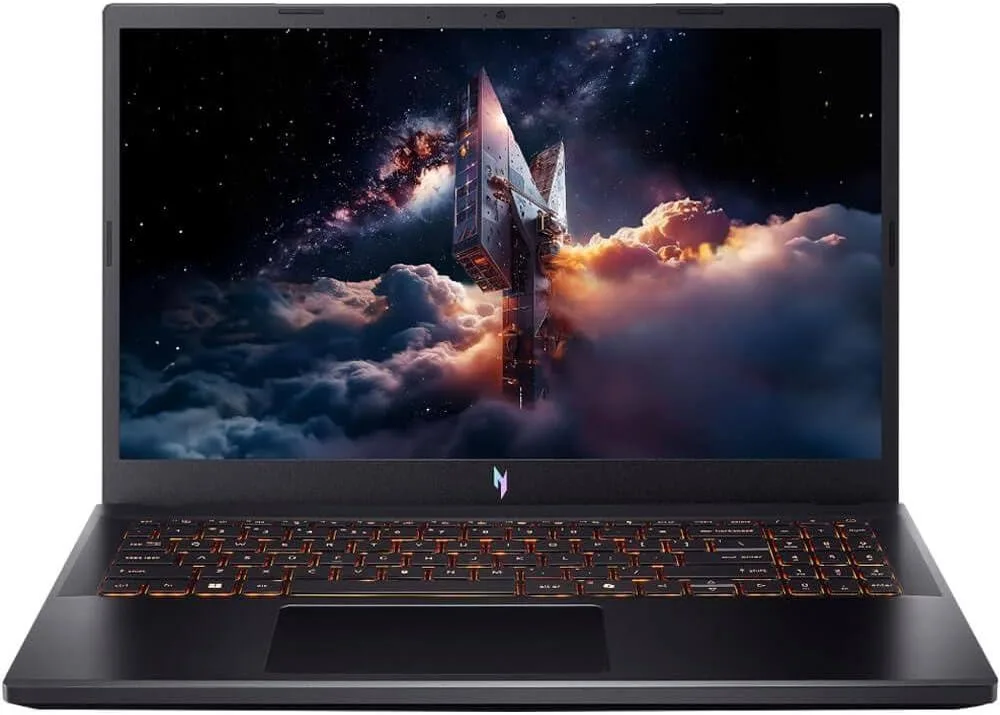 Black 15.6 inch gaming laptop, matte finish, thin profile, backlit keyboard visible