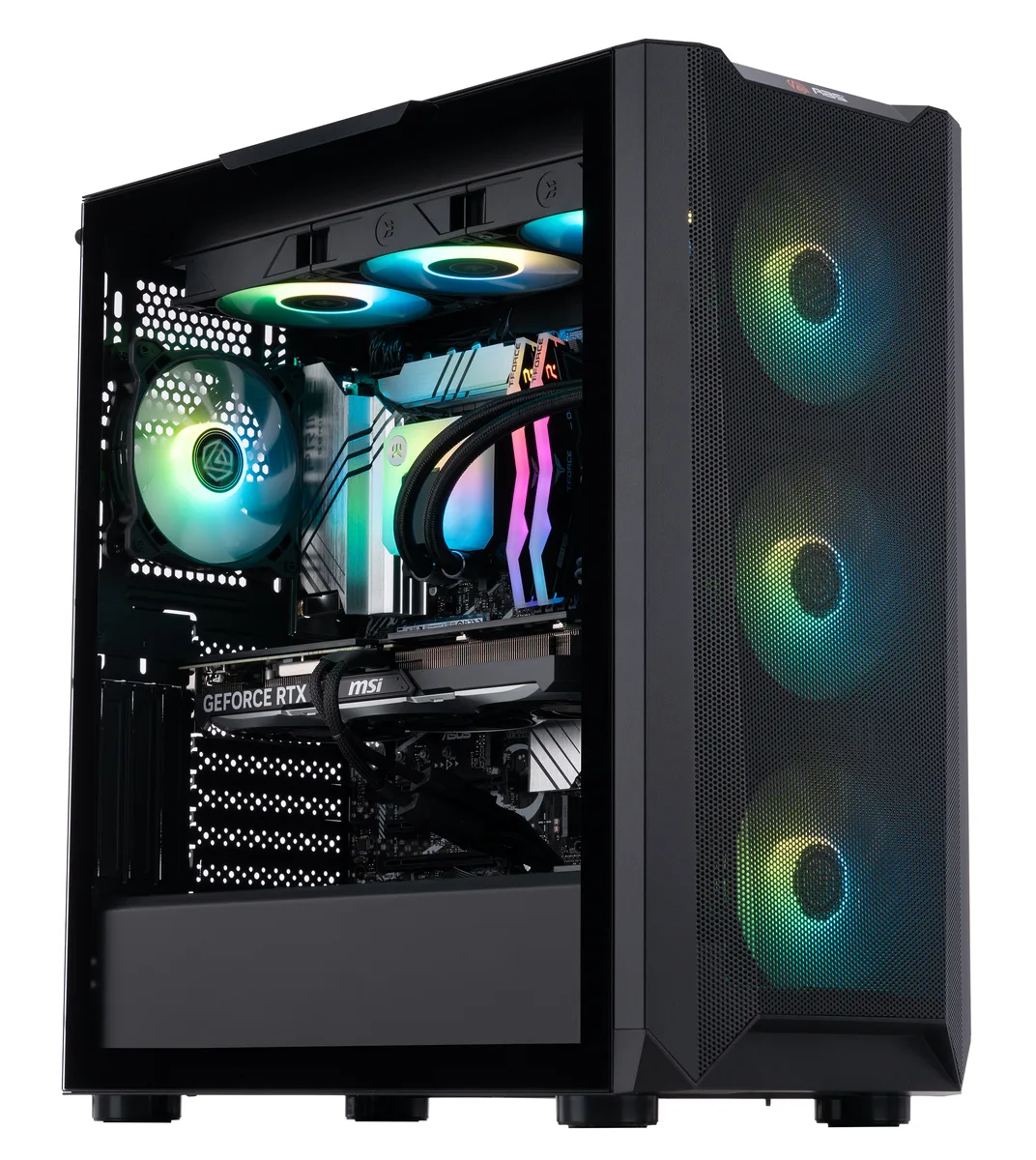 Black ATX gaming tower with RGB liquid cooling and triple-fan graphics card