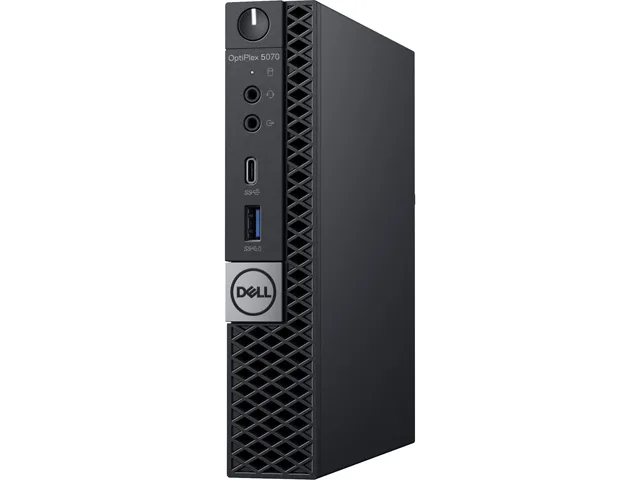 Small black rectangular micro desktop computer with silver Dell logo on top