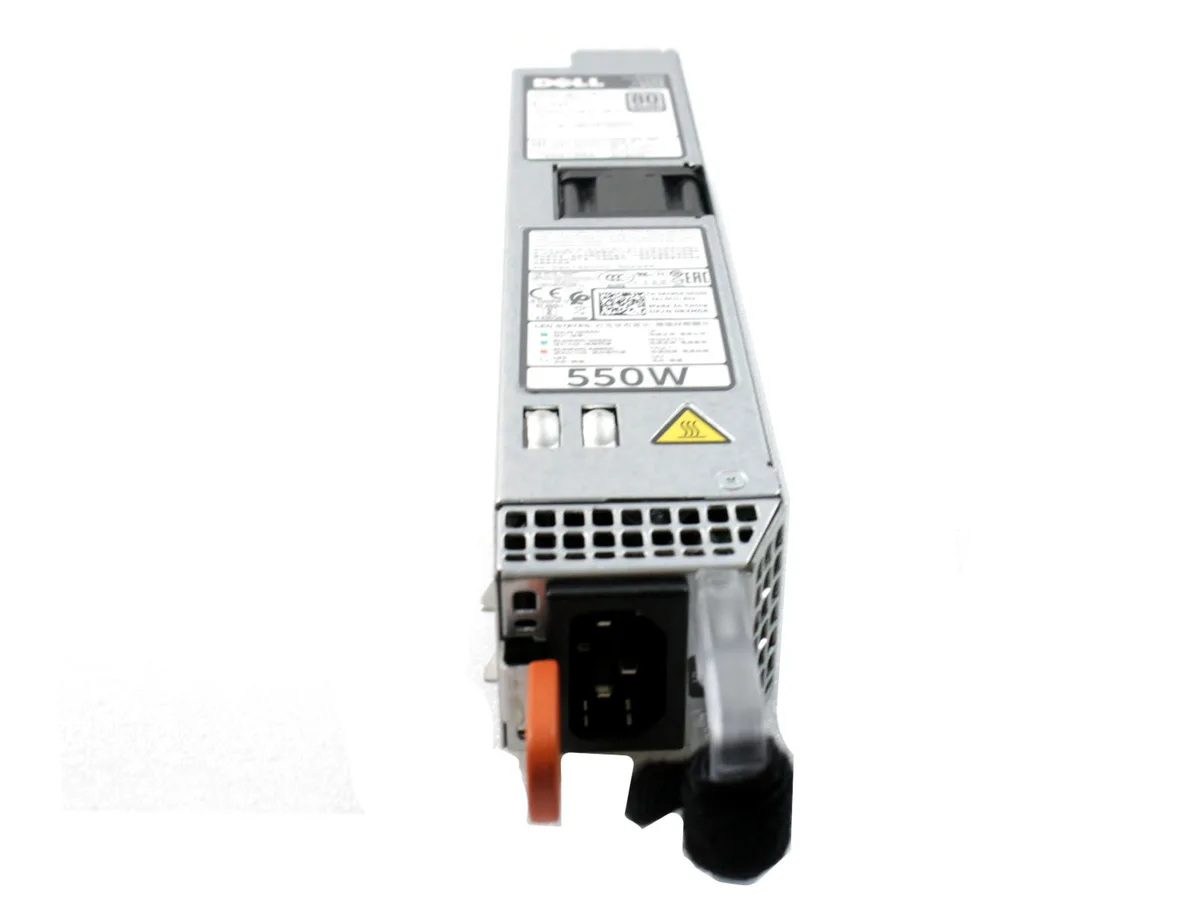 Silver rectangular Dell server power supply unit with rear fan grille and power socket