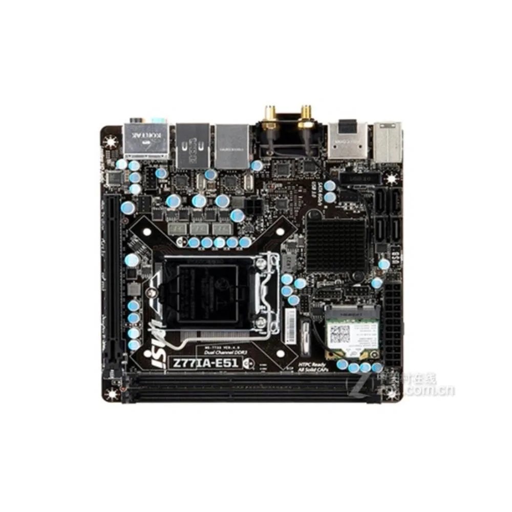 Green Mini-ITX motherboard with black LGA 1155 socket and silver heatsinks