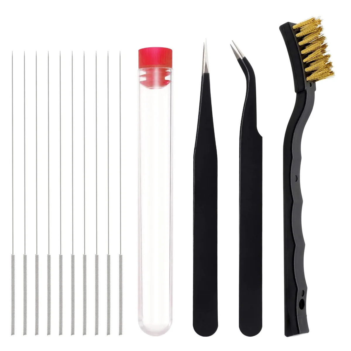 13-piece nozzle cleaning kit with .4 mm needles, copper brush, two tweezers, storage box