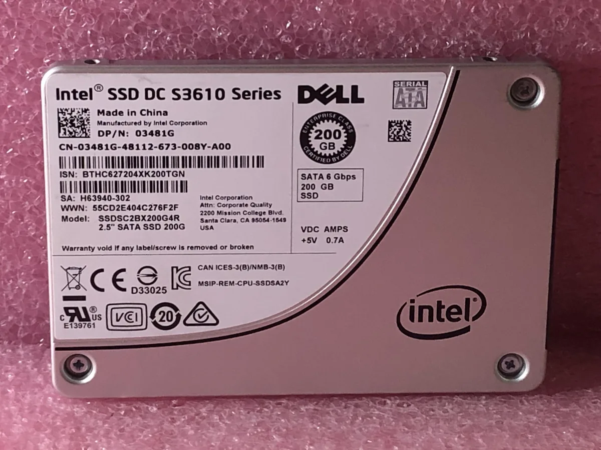 Silver 2.5 inch SATA SSD with black label, 200GB capacity