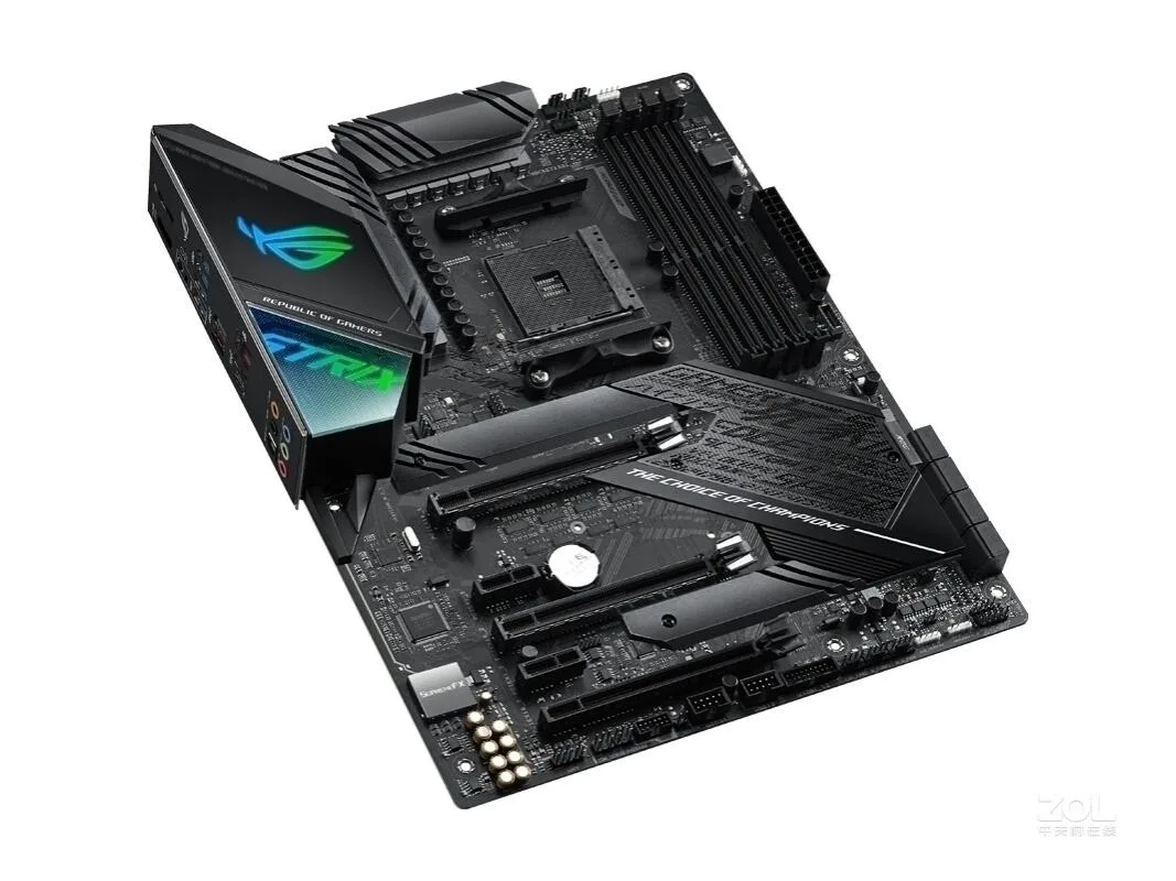ATX motherboard dark finish with heatsinks and I/O shield