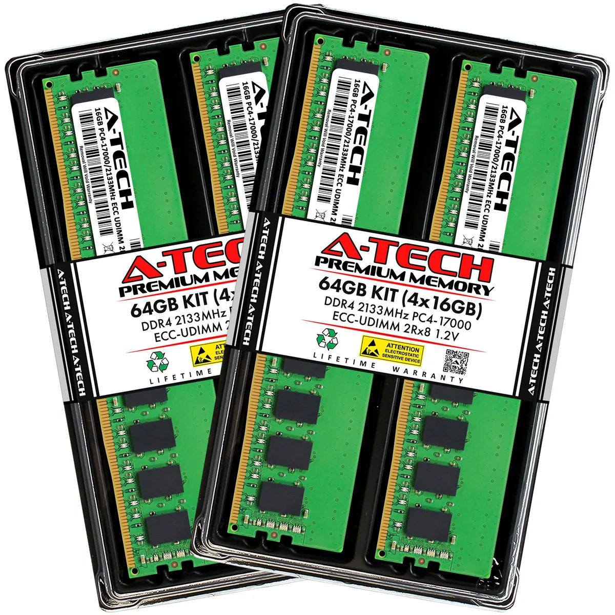 A-Tech A-Tech 64GB (4x16GB) DDR4 2133 MHz ECC UDIMM 2Rx8 CL15 1.2V 288-Pin Server RAM — produktbild