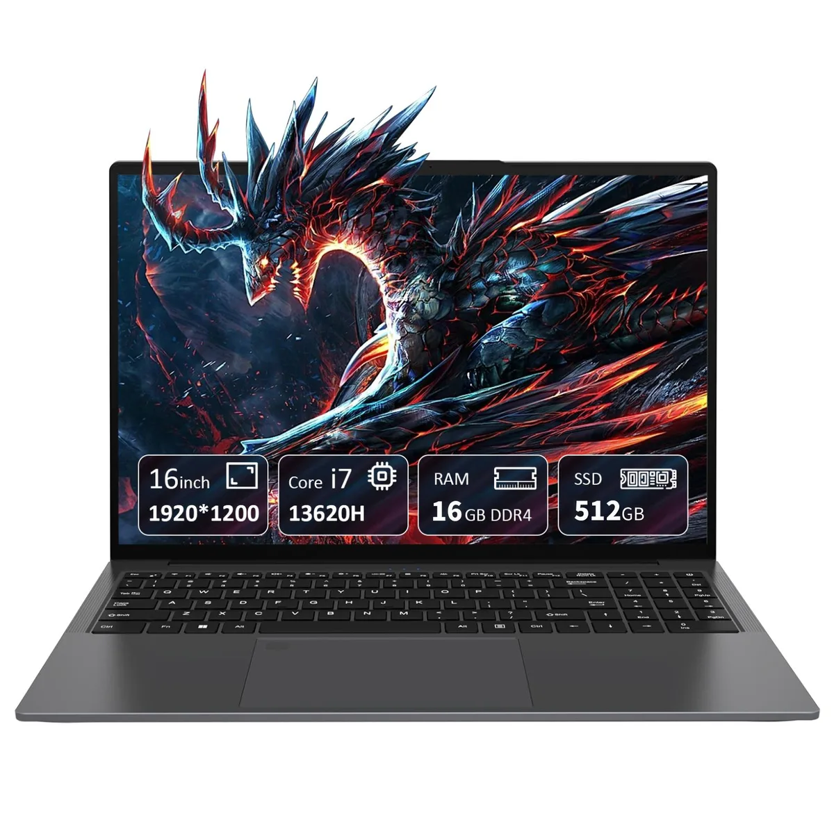 Gray 16-inch laptop with backlit keyboard and numeric keypad