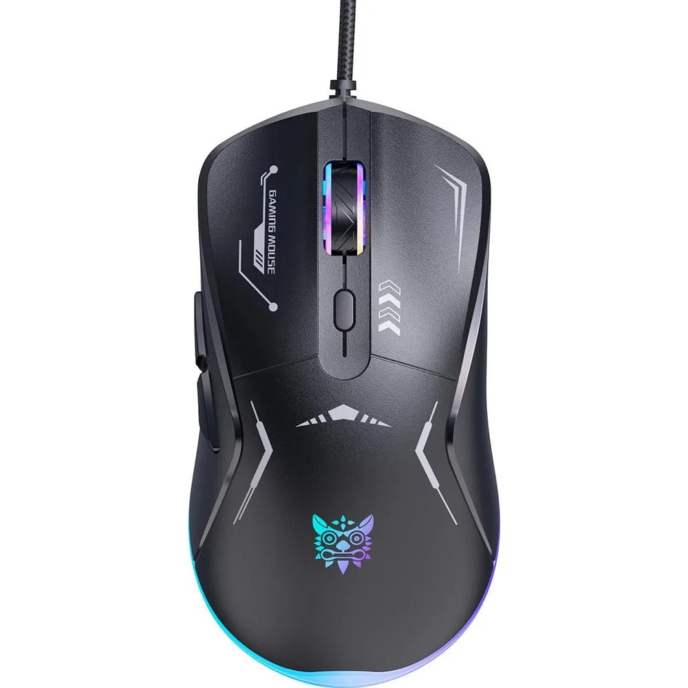 Black wired gaming mouse, ergonomic shape, RGB lighting, six buttons, USB cable