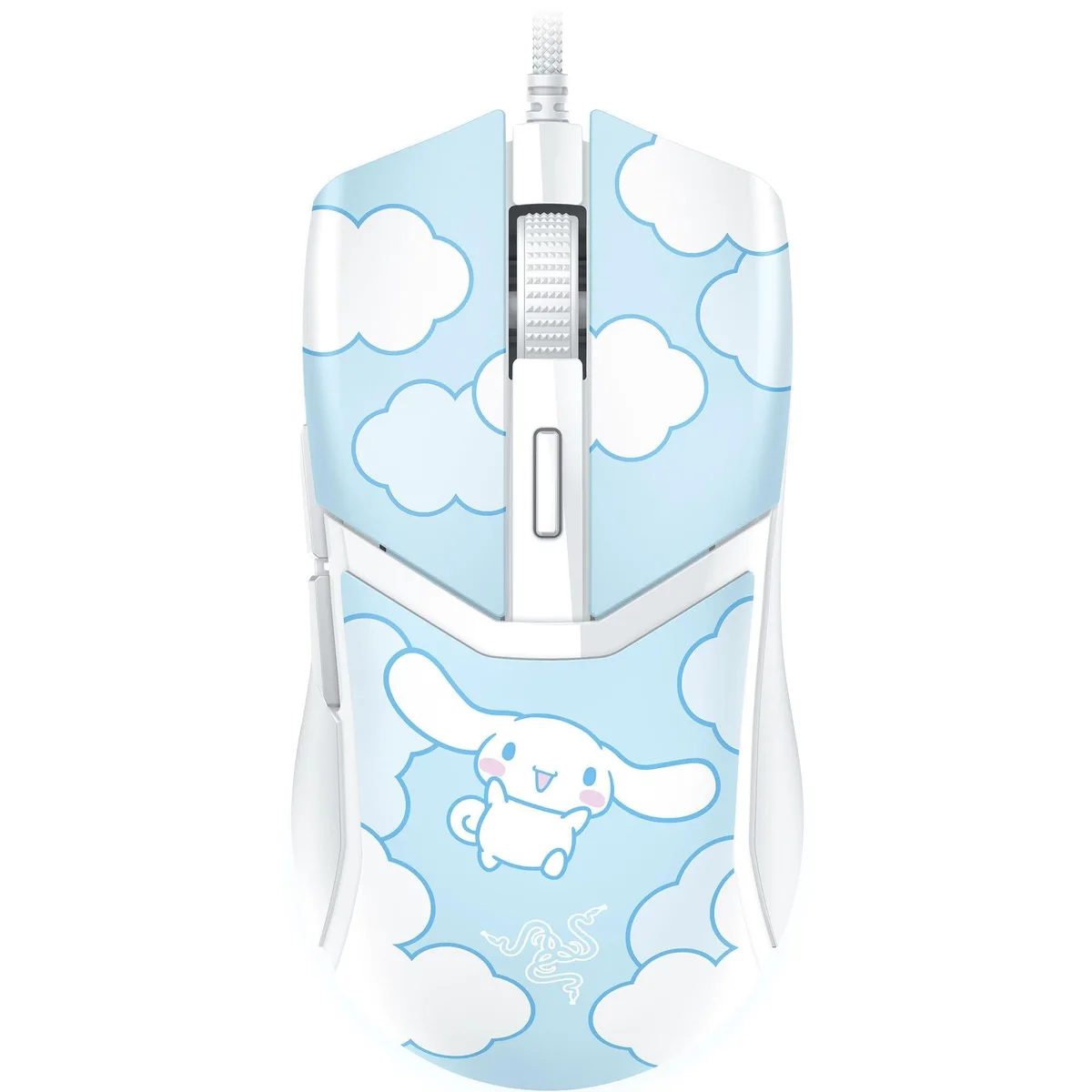 White compact right-handed wired mouse with pastel gradient underglow and Sanrio character branding
