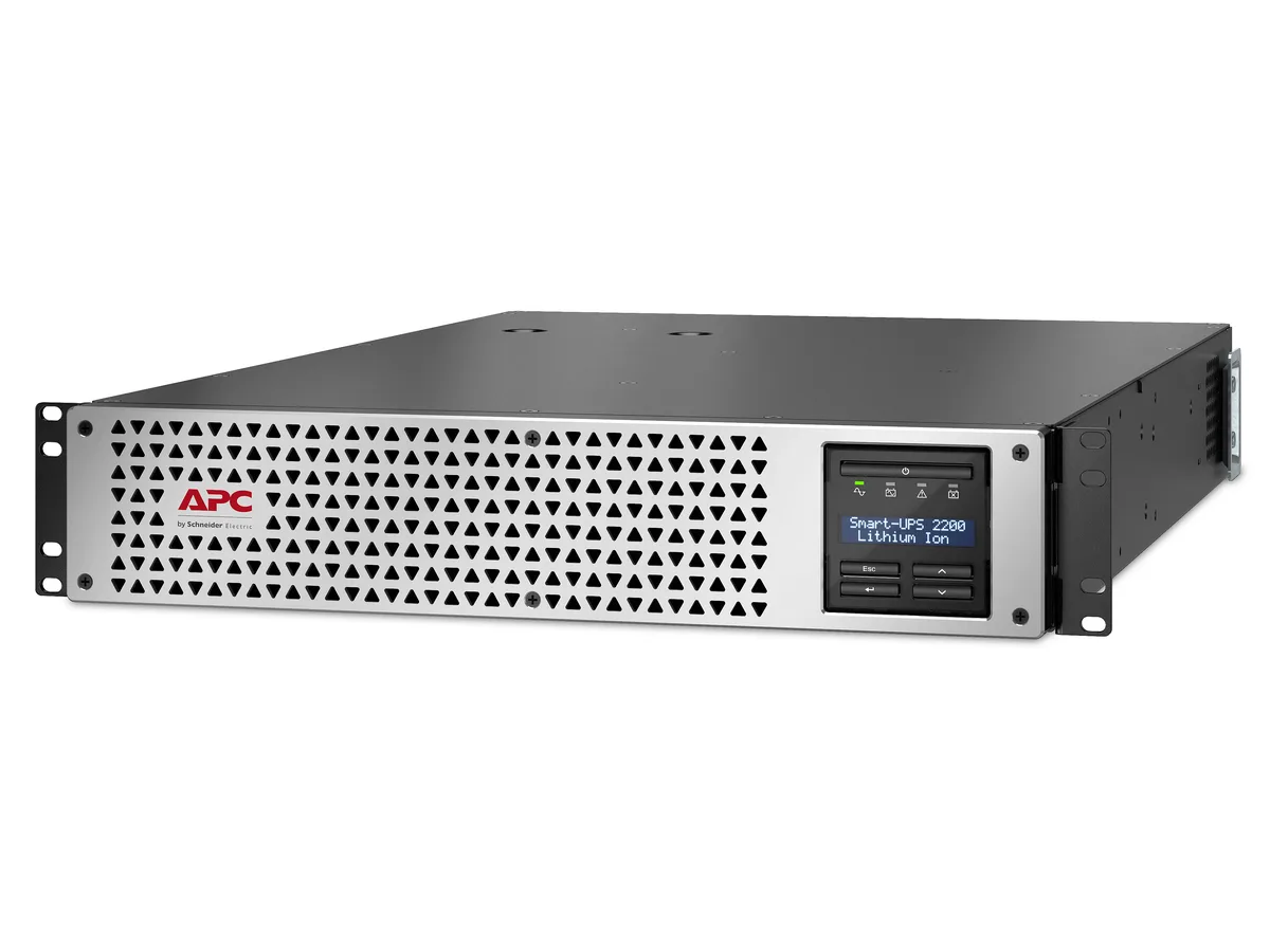 Rack-mount UPS unit in matte black finish with front display panel and multiple outlets