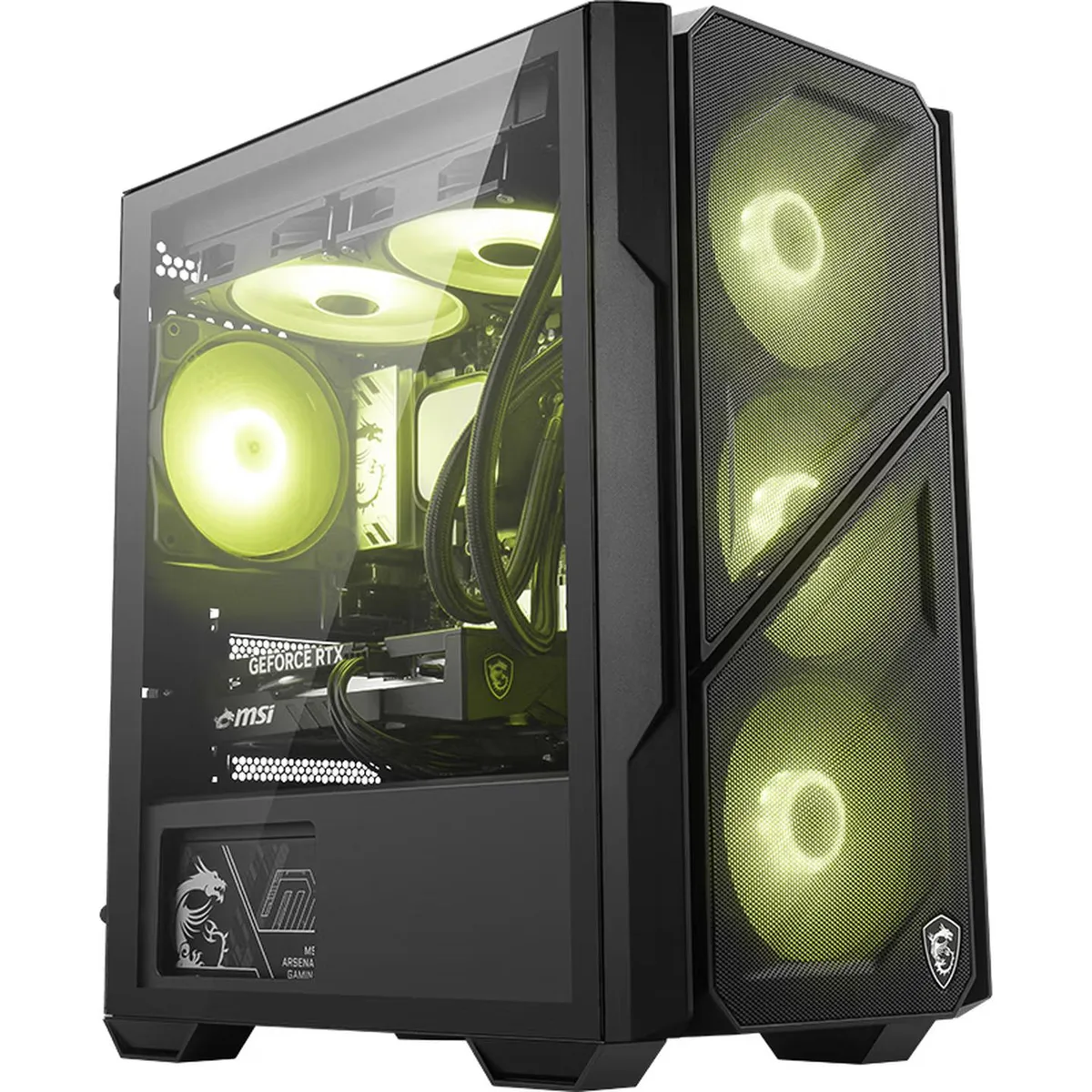 Black mid tower PC case with front and side tempered glass panels, magnetic top dust filter, and multiple fan mounts