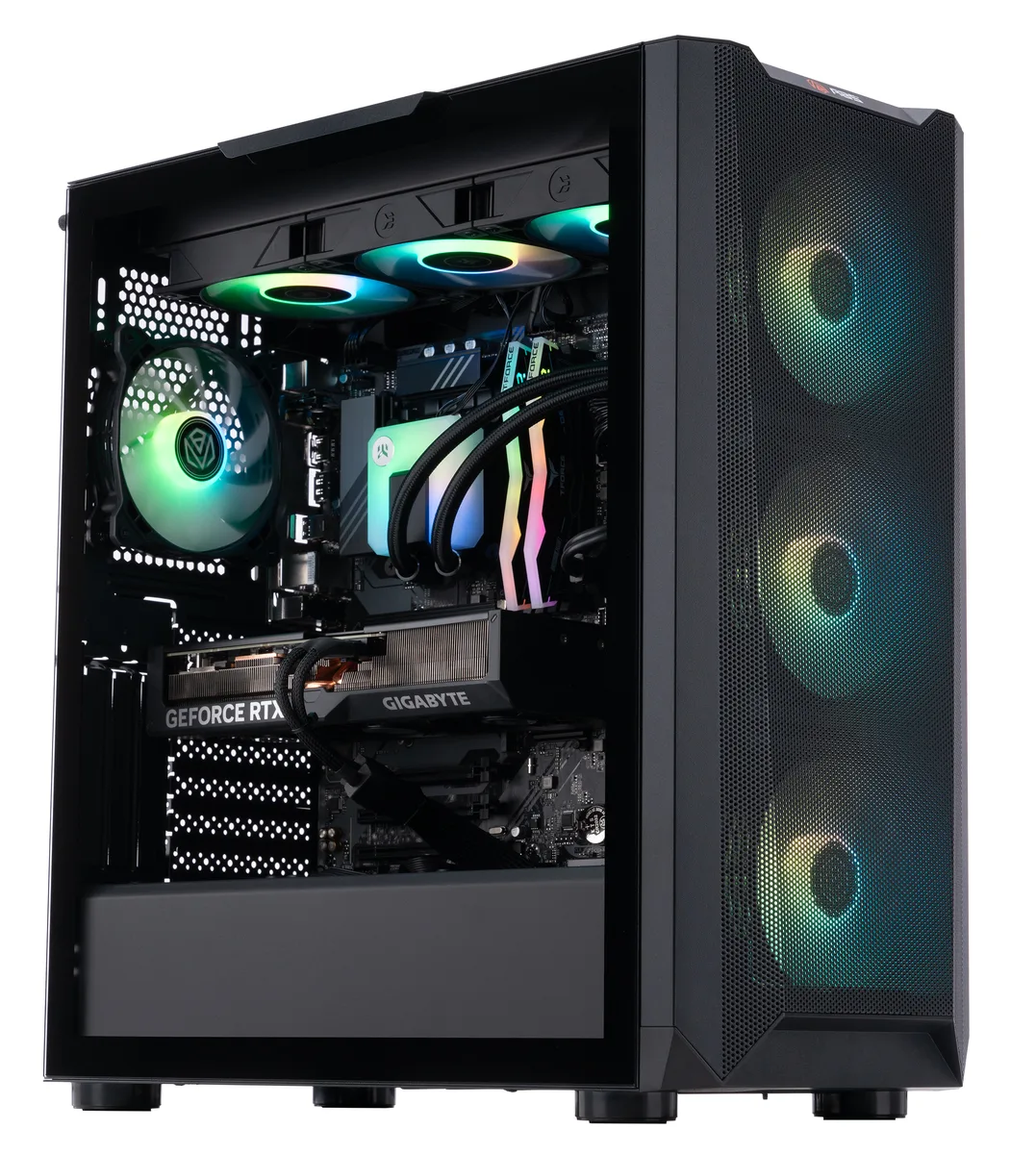 Black ATX tower with RGB memory and liquid cooling visible through side panel
