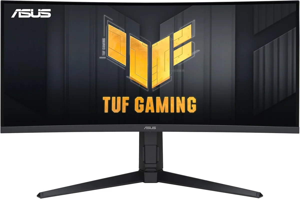 34-inch curved black gaming monitor on adjustable stand