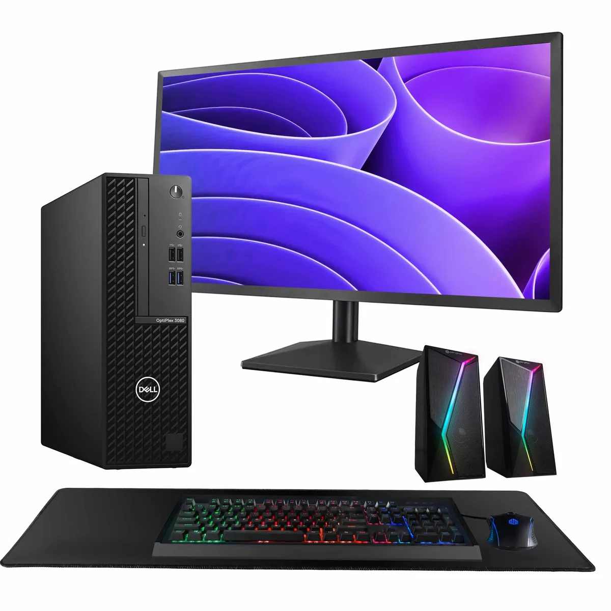 Dell OptiPlex 3080 black desktop tower with 24 inch monitor