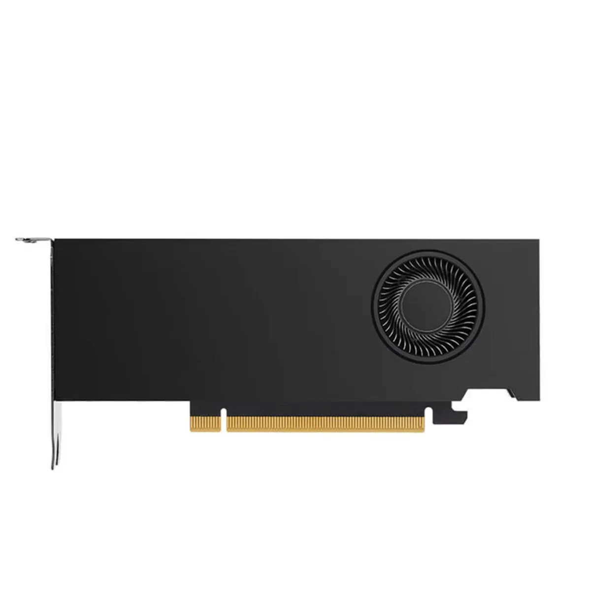 Compact dual-slot graphics card with silver shroud and four mini DisplayPort outputs