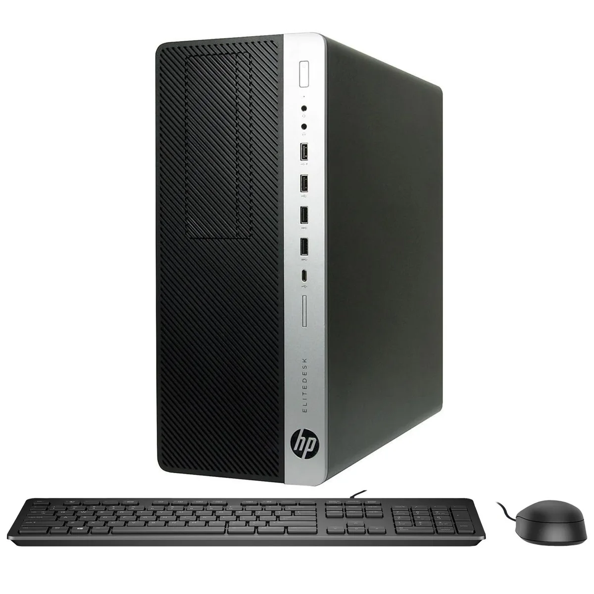 Black HP EliteDesk 800 G3 slim tower desktop with wired keyboard and mouse