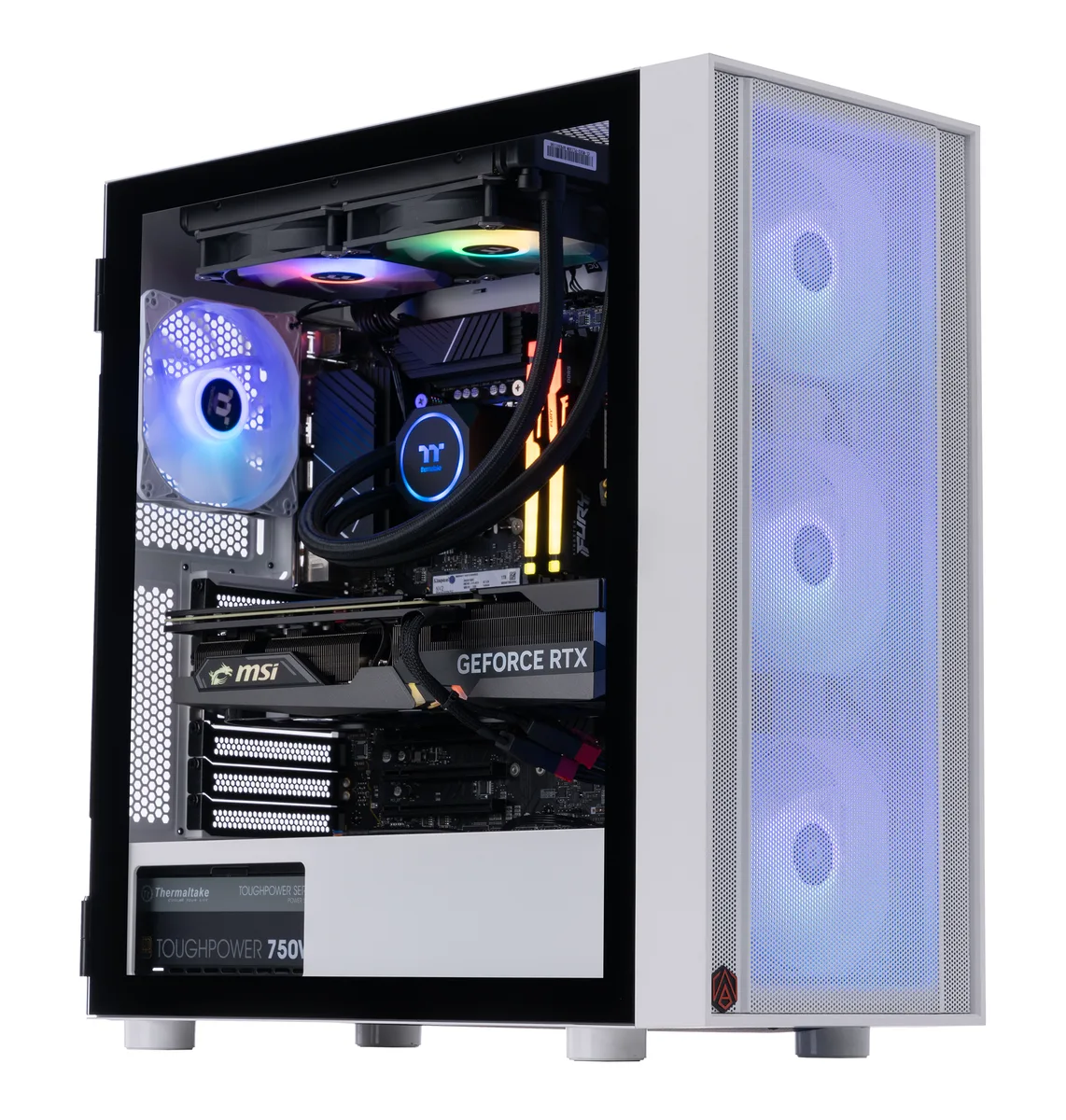 White mid-tower PC with RGB liquid cooling and graphics card visible through glass panel