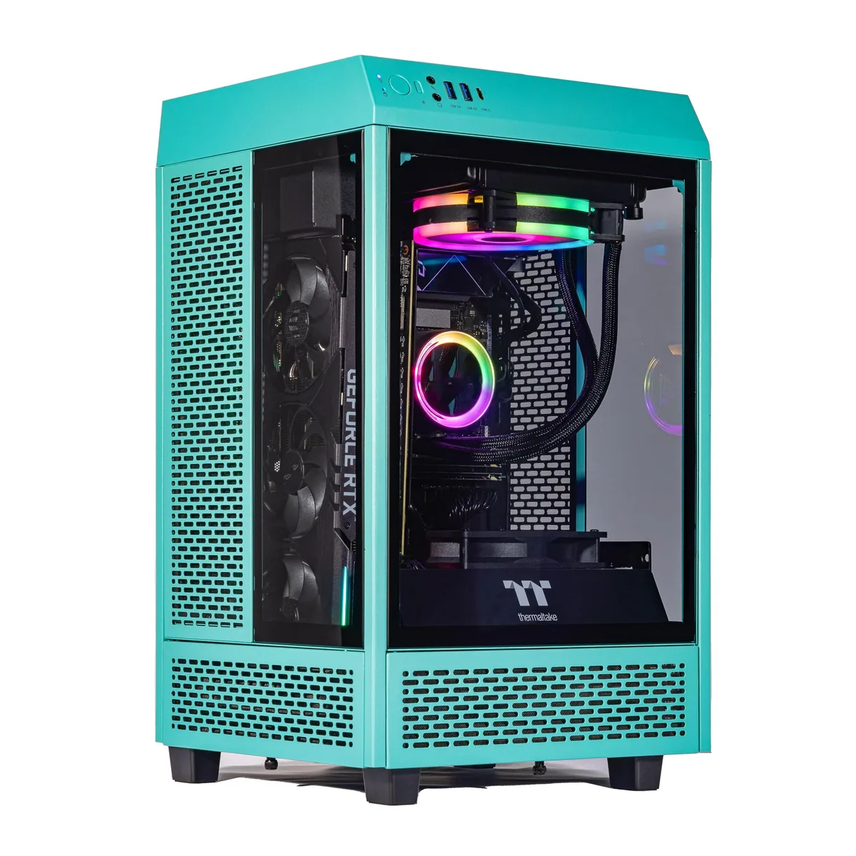 Mini-tower gaming PC in turquoise with 120mm AIO lighting