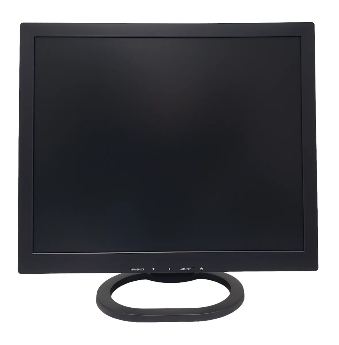 Black 17 inch square LCD monitor on tilt stand with VGA and HDMI ports