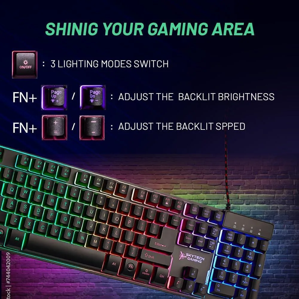 Full-size black wired gaming keyboard with RGB backlighting and wrist rest