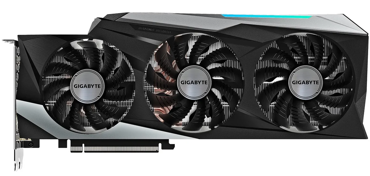Triple-fan graphics card, silver metal backplate, black shroud, 320 mm long