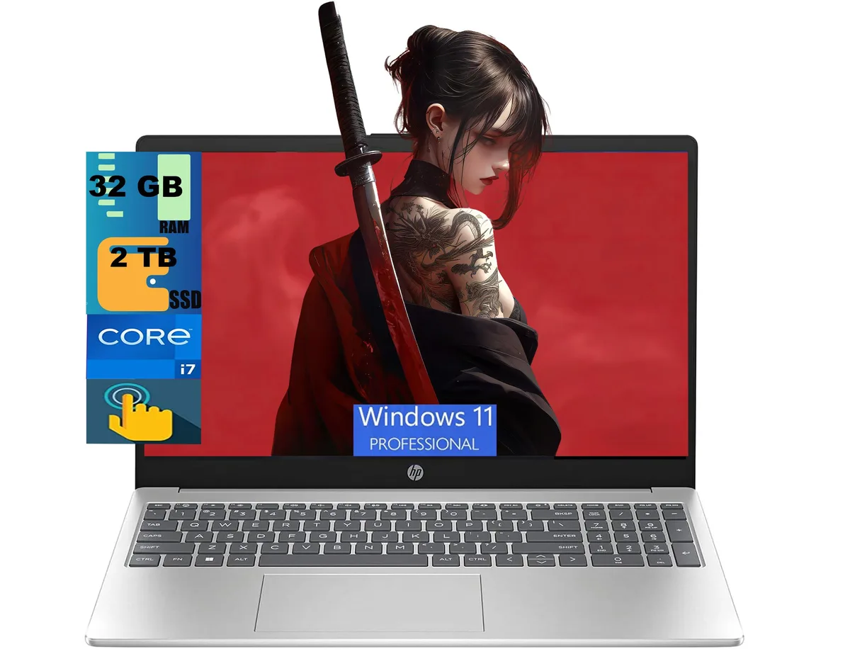 Silver HP 15 laptop with 15.6 inch touchscreen display closed