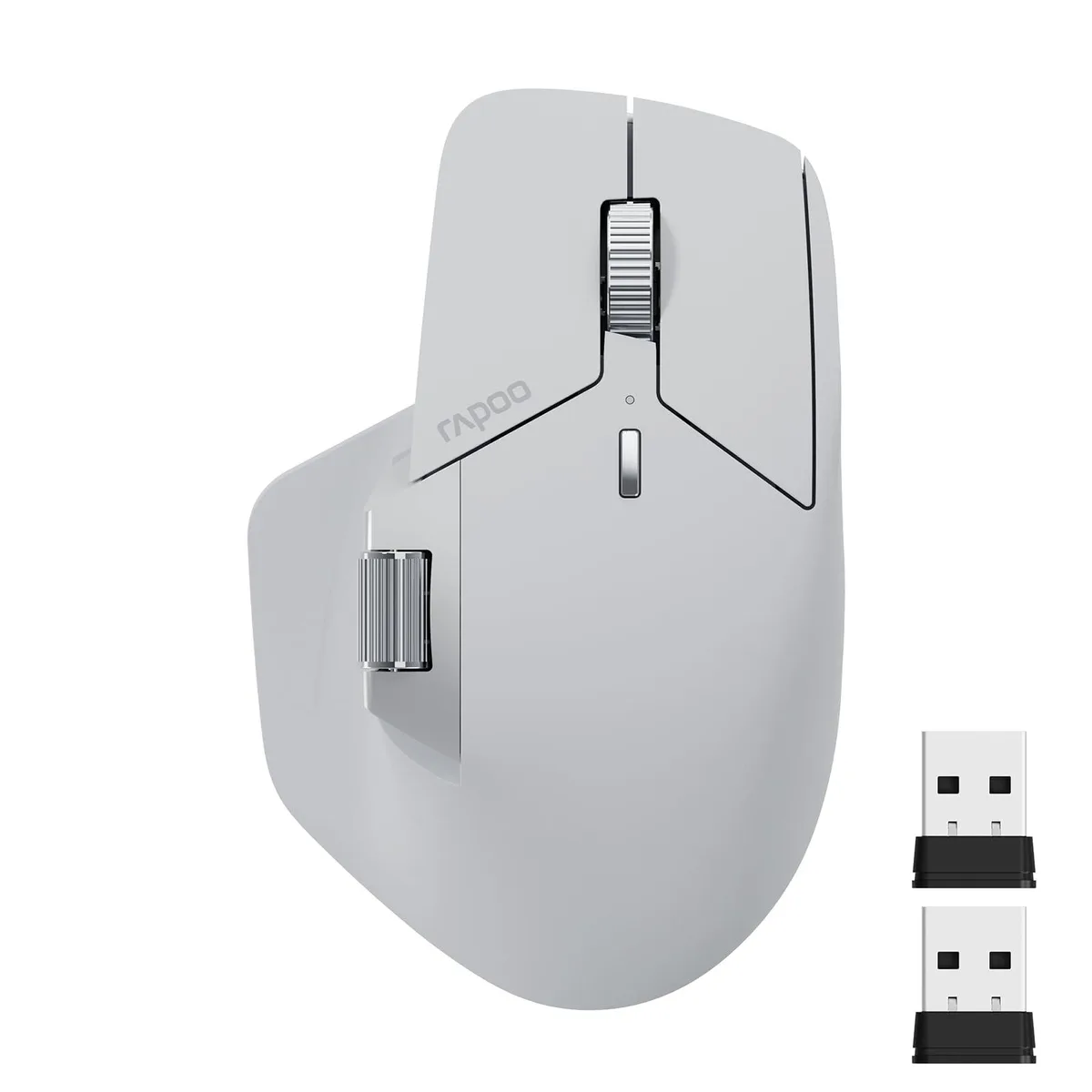 Black right-handed gaming mouse with ergonomic bow-back shape, thumb rest, side scroll wheel, USB-C charging cable included